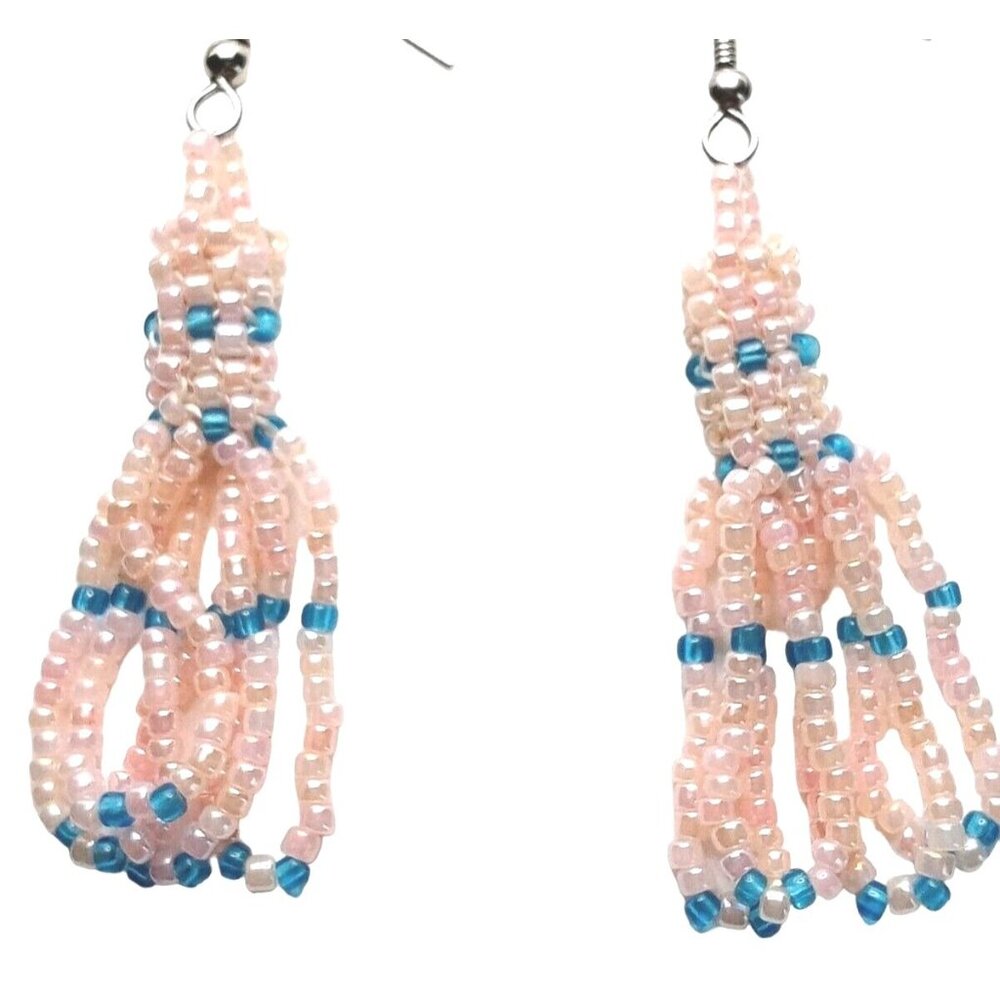 Dangle Drop Beaded Tassel Earrings Handmade Jewelry Pink Blue - Picture 2 of 3